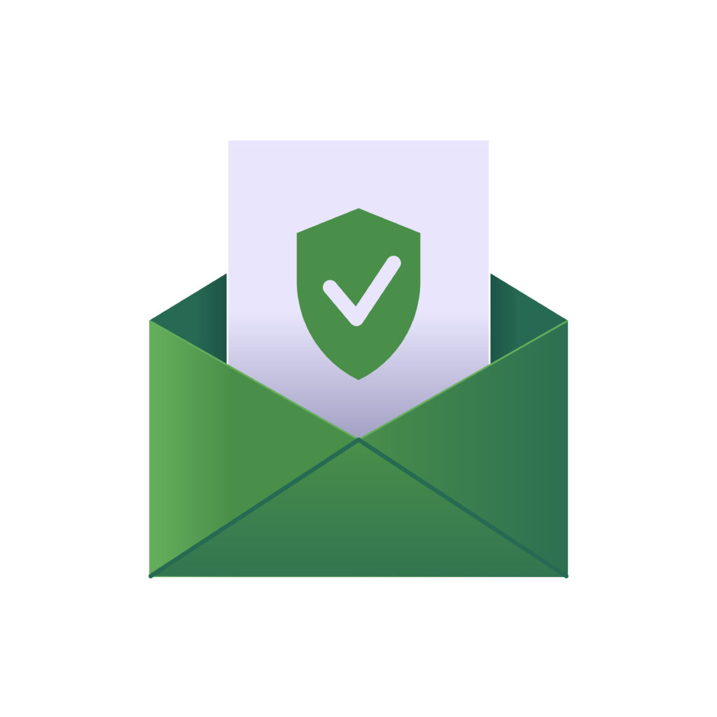Protected 3d email green envelope with attached file with safeguard shield and check symbol vector illustration