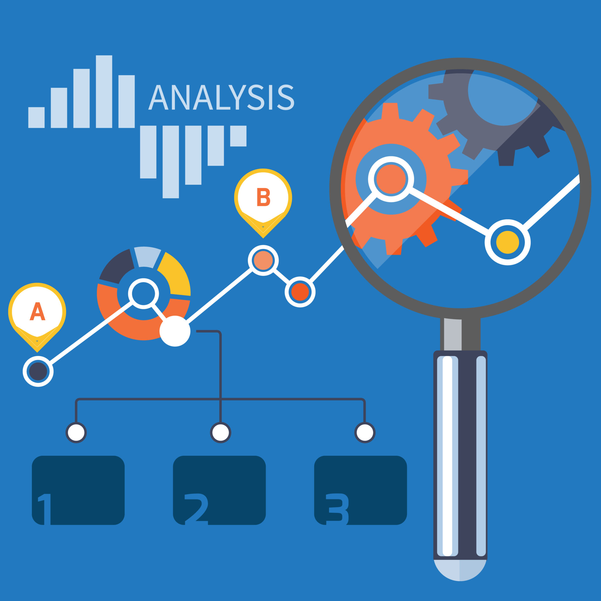 Growth chart with magnifying glass focusing on point. Infographic steps banners. Representing success and financial growth. Graphical analysis in flat design style