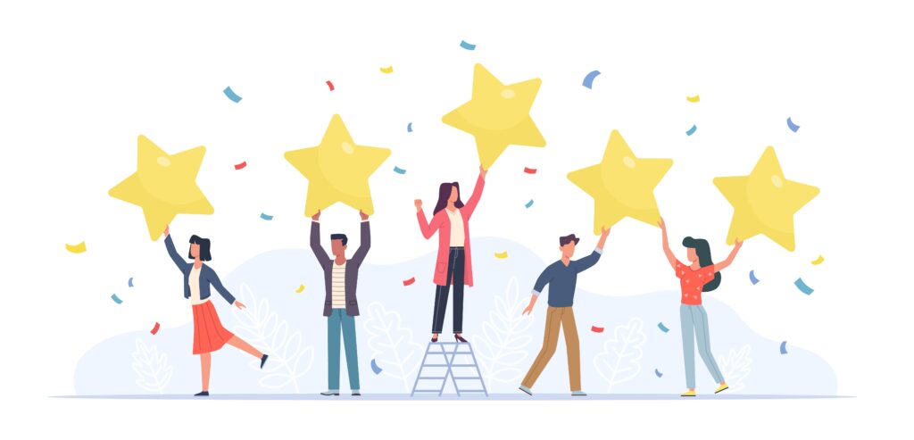 Tiny people with stars. Happy customers rate app, site or service. Small women and men give feedback online, clients product review, satisfaction rating social media survey vector flat cartoon concept