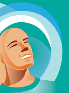 Vector illustration of a cartoon man on a green and blue background looking to the future as he gazes up into the heavens for inspiration and ideas.