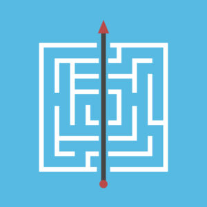 Square maze, shortcut through walls. Simple efficient solution of dfficult problem, breakthrough, obstinacy, creativity concept. Flat design. EPS 8 vector illustration, no transparency, no gradients