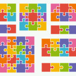 Parts of puzzles on white background in colored colors. Set of puzzle 2, 3, 4, 6, 8, 9, 16 pieces