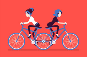 Businesswomen on push me pull you tandem bicycle. Female ambitious managers in disagreement, unable working together moving in different ways, unproductive. Vector illustration, faceless characters