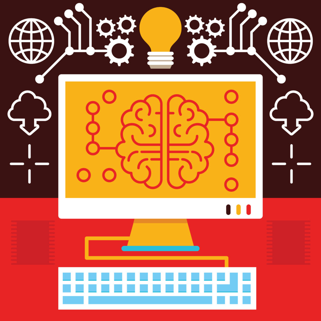 A brain inside a computer calculating ideas and having intelligence