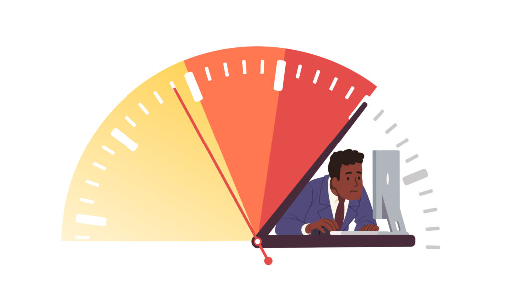 Business deadline overtime crunch stress concept. Business person worker or manager employee trying to get job done in due time. Overwork unhealthy frustration. Flat style vector character isolated illustration