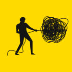 Businessman unraveling tangled tangle of problems. Business flat vector illustration.