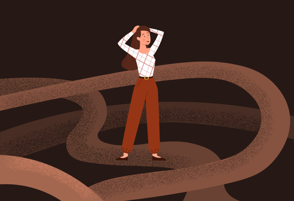 Stepping into future. Girl goes into unknown. Anxiety, indecision, important step. Fear, darkness, road. Making difficult decision. Cartoon flat vector illustration isolated on brown background