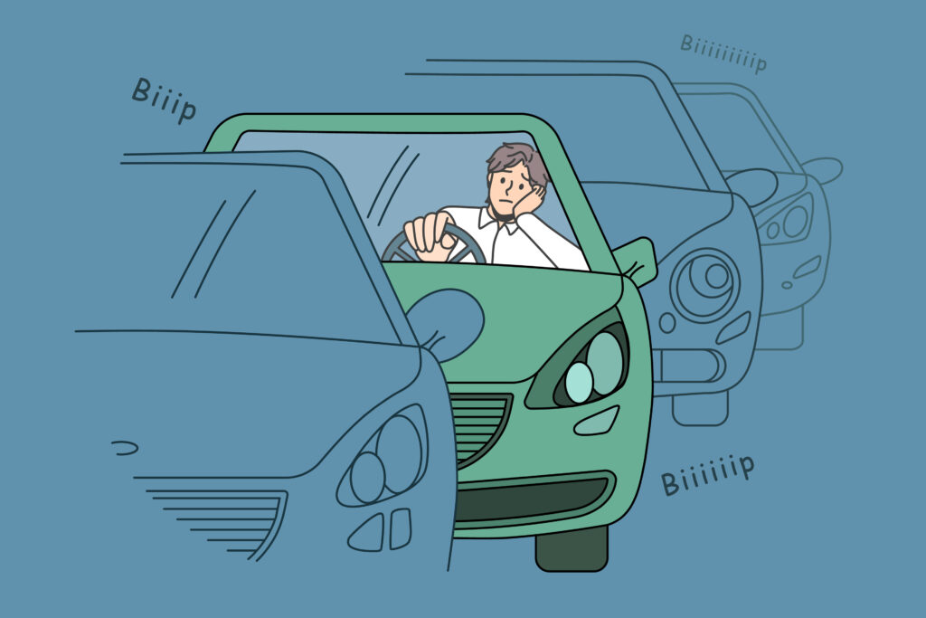 Traffic jam and road situation concept. Confused sad young man driver sitting in car in traffic jam waiting for movement feeling tired to stay in one place vector illustration