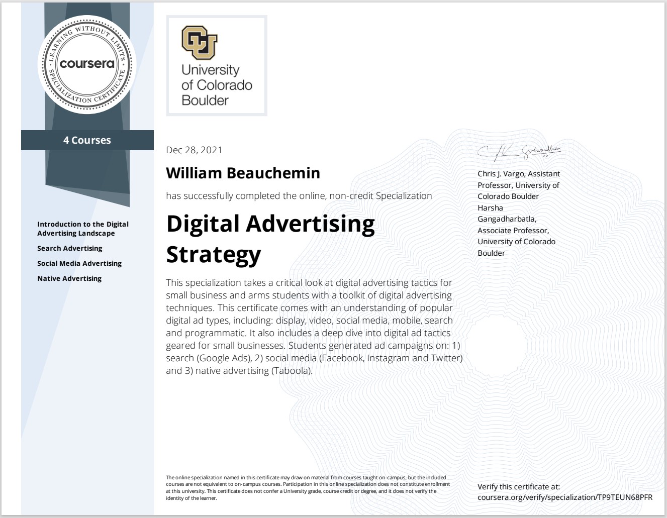 CERTIFICATE - Digital Advertising Strategy (Univ of Colorado Boulder)